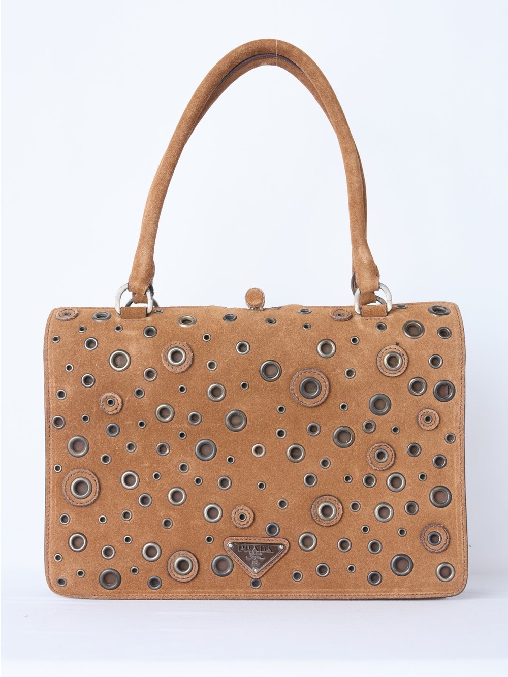 PRADA BROWN SUEDE GROMMET FRAME SATCHEL - Picture 2 of 7
